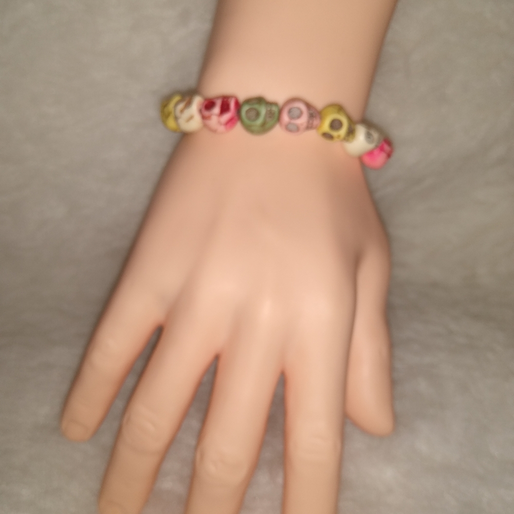Hand Crafted Rainbow Bone Skull Bracelet Multi Color Boho Goth Eclectic Y2K Boho